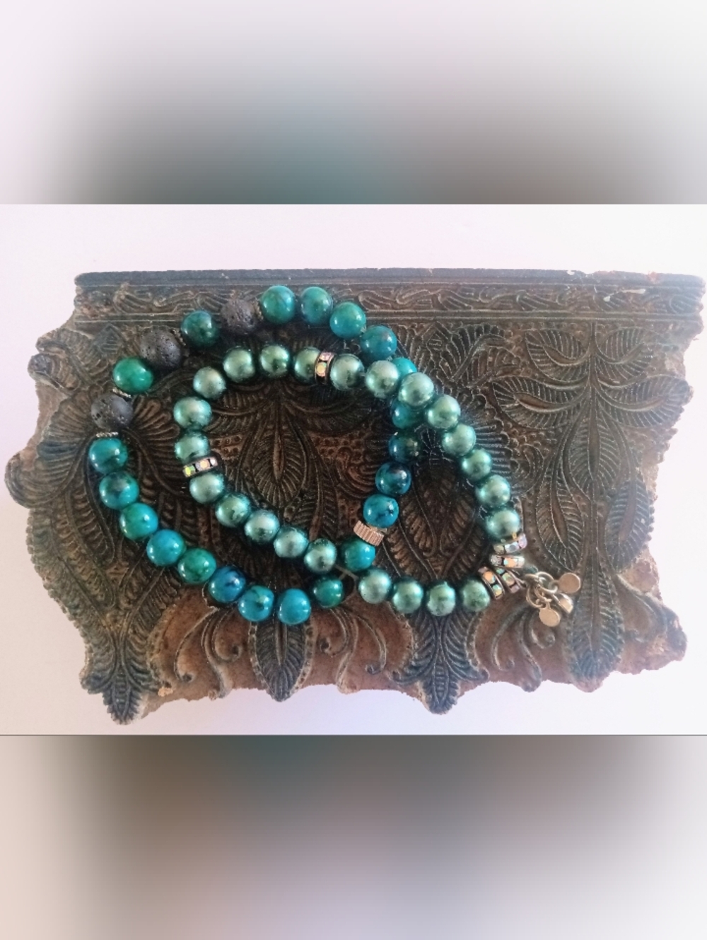 Peruvian Chrysocolla Bead & Glass Bead Stretch Bracelets Set Of 2 Blue/Turq